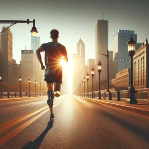 A runner is shown from behind, running on a road in an urban environment at sunrise or sunset. The scene features tall buildings, streetlights lining the road, and a clear sky with some clouds. The runner is in motion, exuding determination and energy, symbolizing training and achieving personal records.